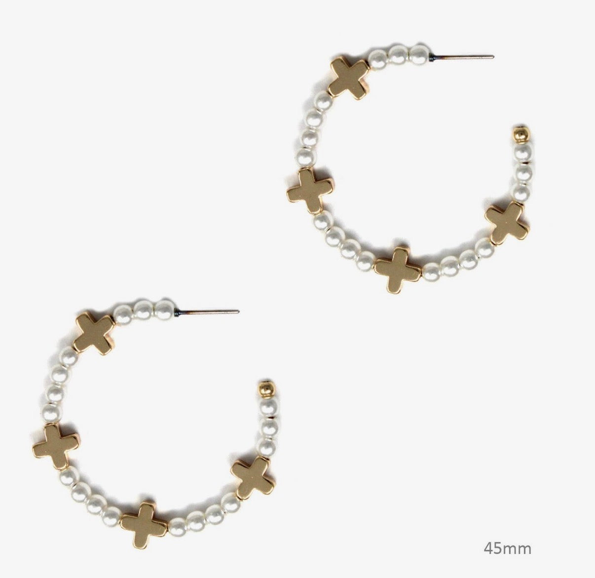 Pearl Hoops With Gold Crosses