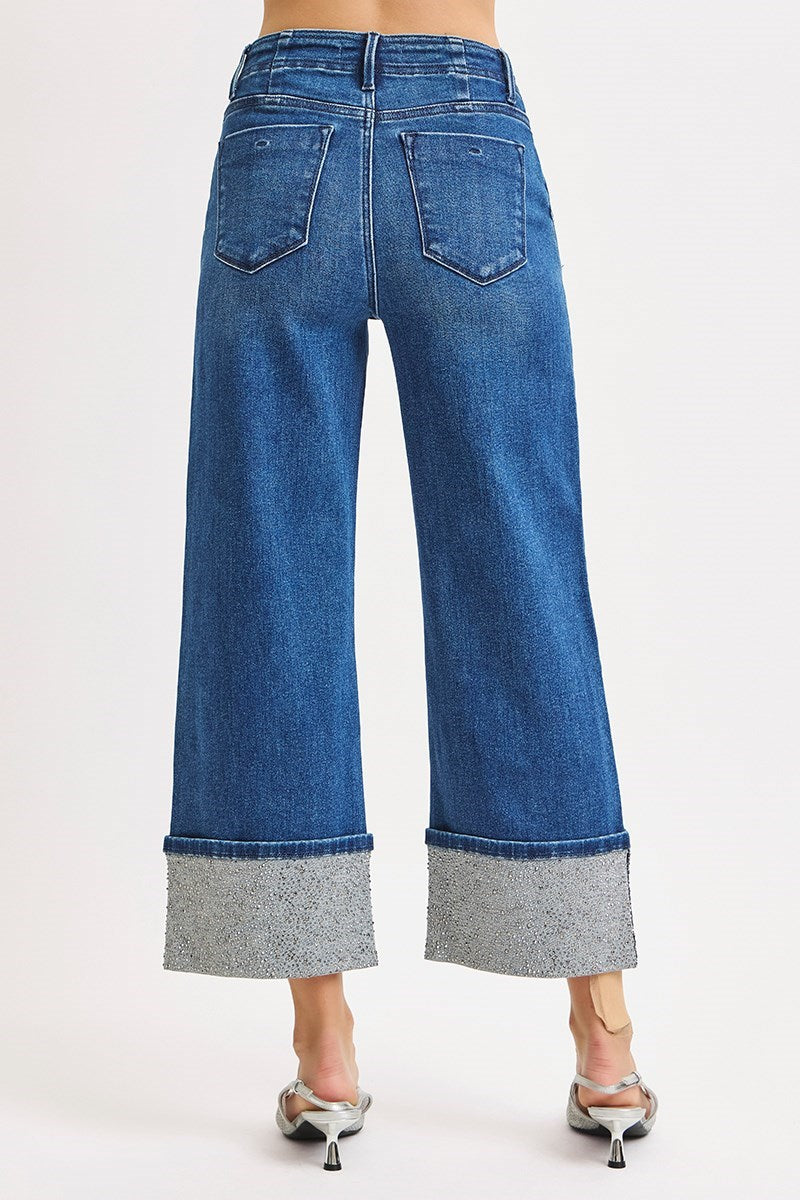 High Rise Crop Wide Rhine Stone Cuffed Jeans