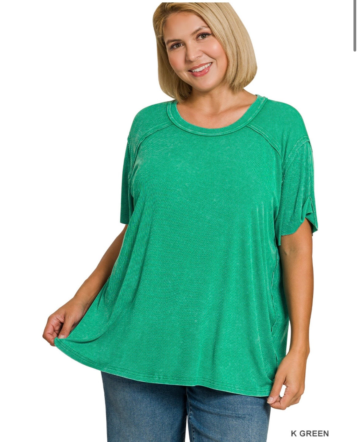 Plus Washed Ribbed Short Sleeve Top