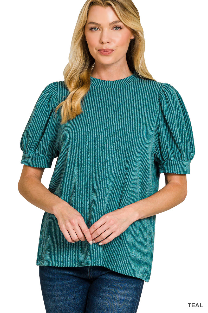 Ribbed Puff Sleeve Top