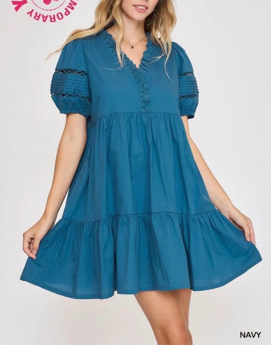 Navy Puff Sleeve Dress