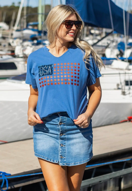 Blue USA Flag Glitter Stars Top
