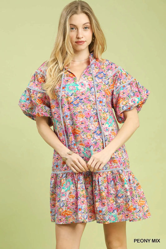 Mixed Floral Babydoll Puff Sleeve Dress