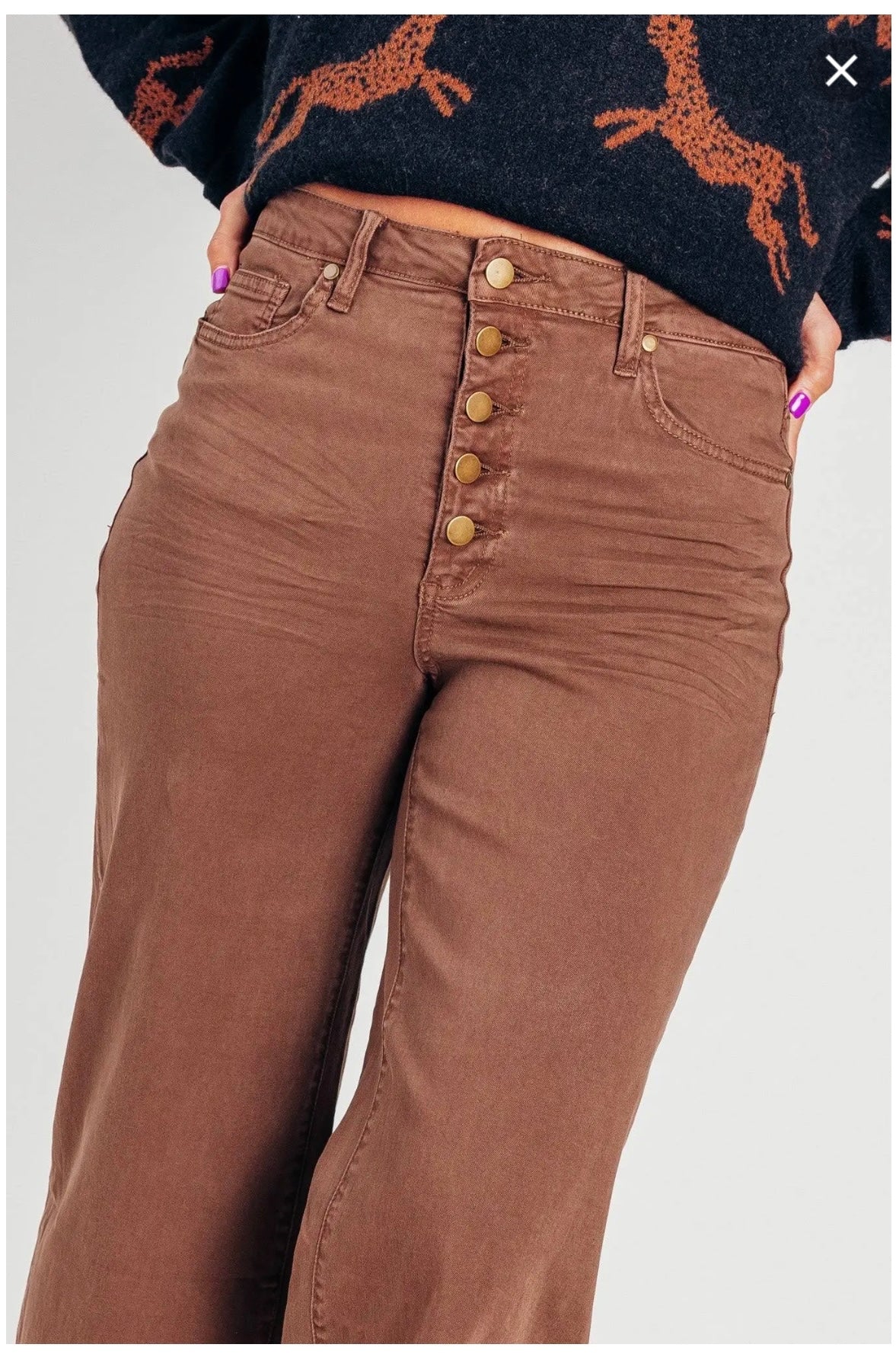 Coffee Brown Wide Leg Button Front Stretch Pants