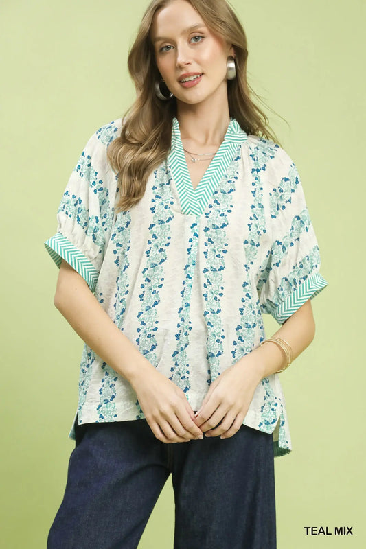Teal Boho Contrast Trim Top