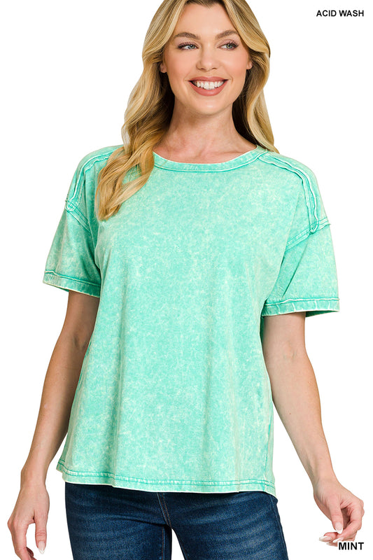 Acid Wash Round Neck Top