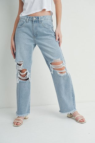 Distressed Fringe Bottom Wide Leg Jeans