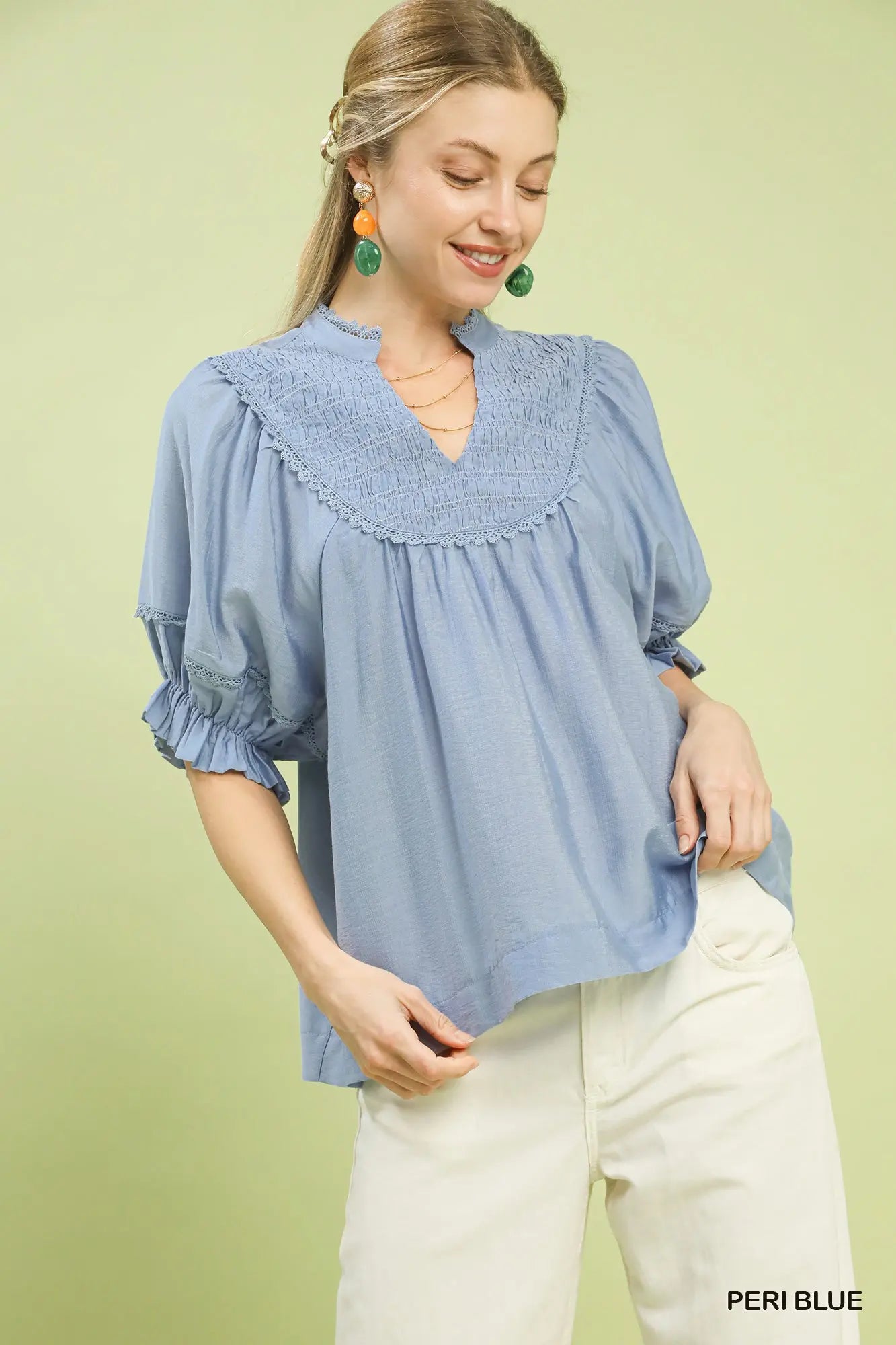 Smocked Yoke Blouse with Ruffle Sleeves