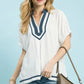 Linen Contrast Trim V-Neck Blouse