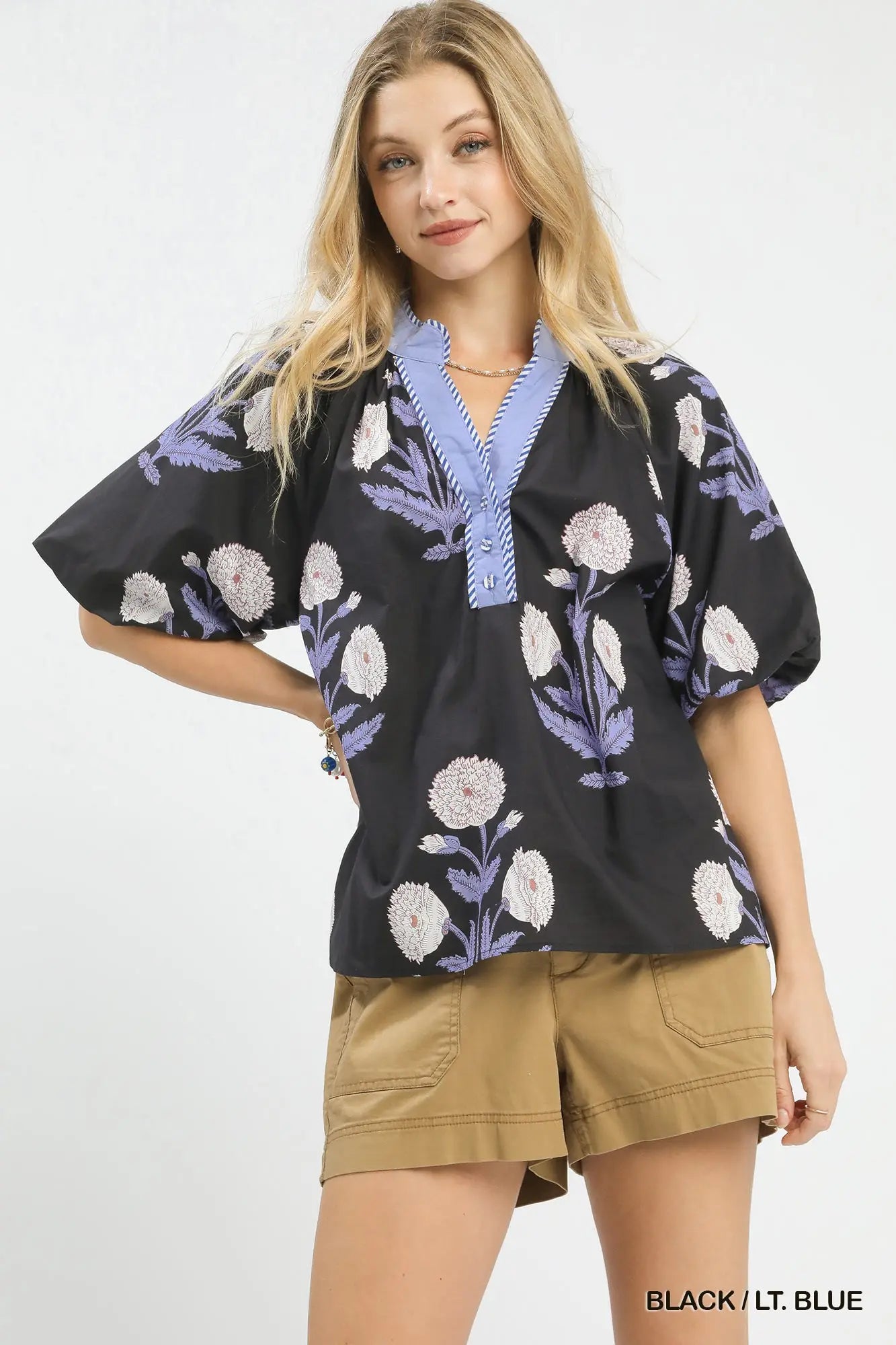 Navy Floral Puff Sleeve Top