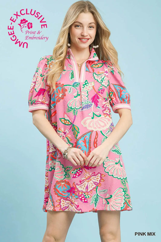 Pink Paisley Puff Sleeve Dress￼