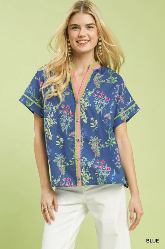 Blue Floral Button Top
