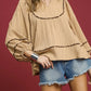 Leopard Trim Bubble Sleeve Blouse