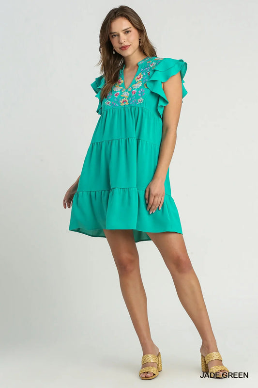 Jade Green Flutter Sleeve Dress