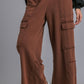 Brown Stone Wash Wide Leg Pants with Elastic Waist and Pockets