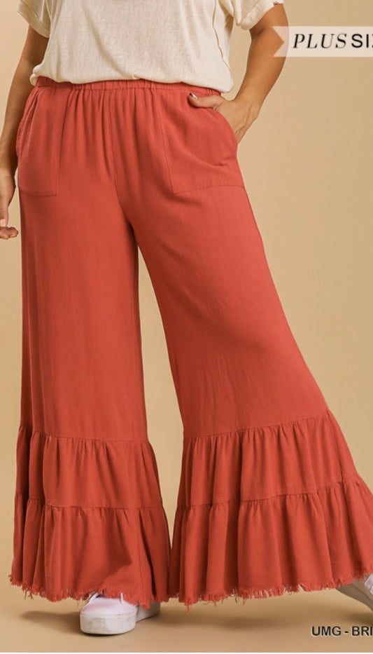 Brick Linen Wide Leg Ruffle Pants With Pockets