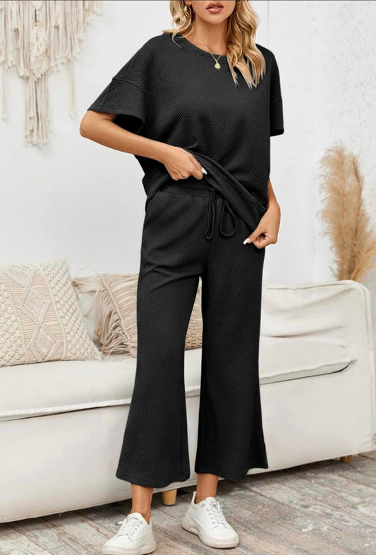 Black Quilted Short Sleeve Pant Set