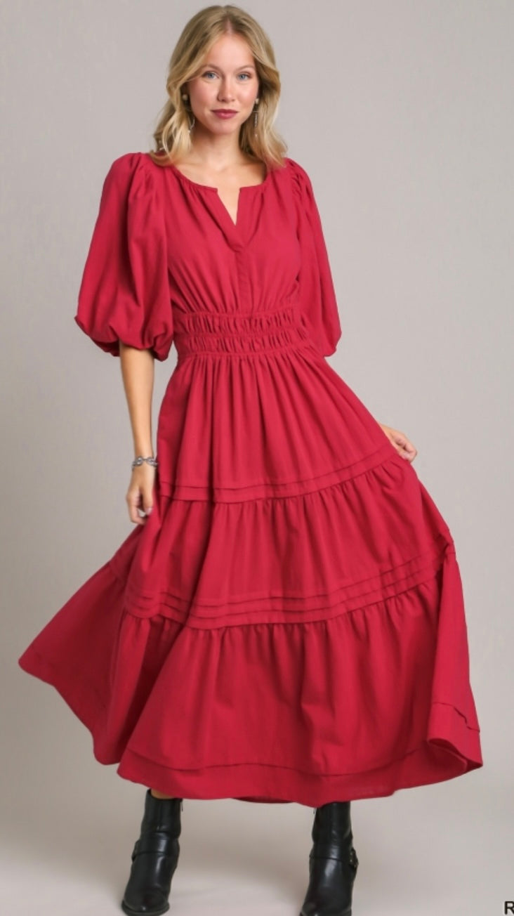 Red Solid Maxi Dress With Short Balloon Sleeve