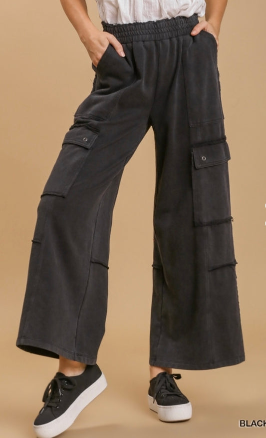 Stone Wash Wide Leg Pants With Elastic Waist & Side Pockets