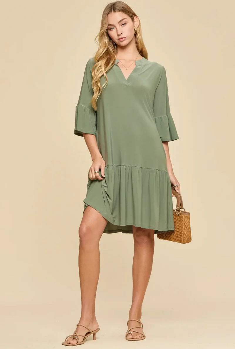 Wrinkle Free Shirred Tiered Relaxed 3/4 Sleeve Dress