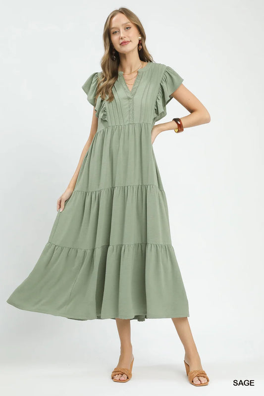 Ruffle Sleeve Tiered Midi Dress