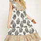 Black Ruffle Sleeve Mixed Print Midi Dress