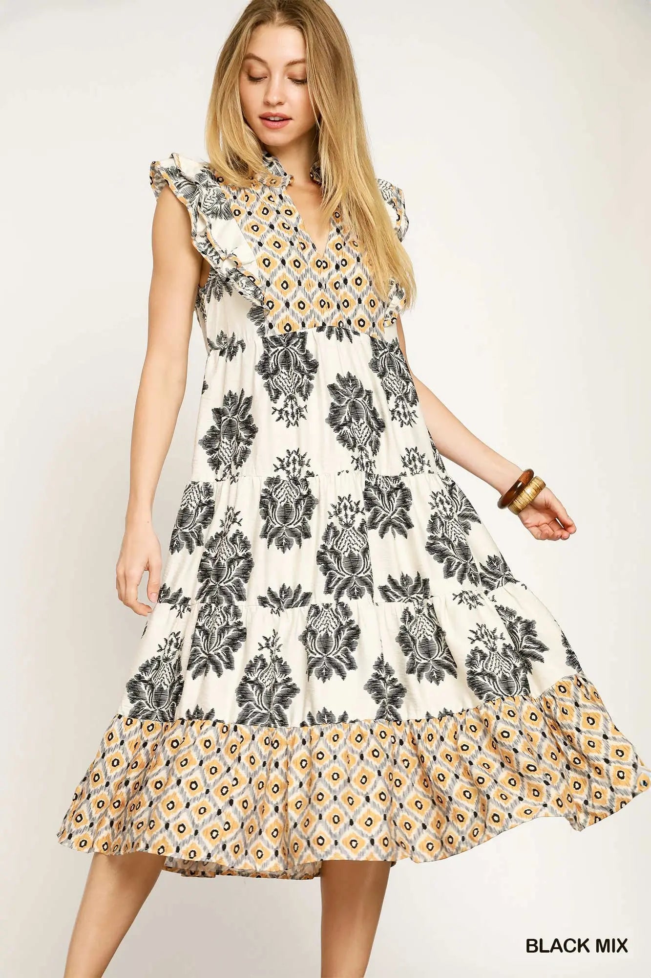 Black Ruffle Sleeve Mixed Print Midi Dress