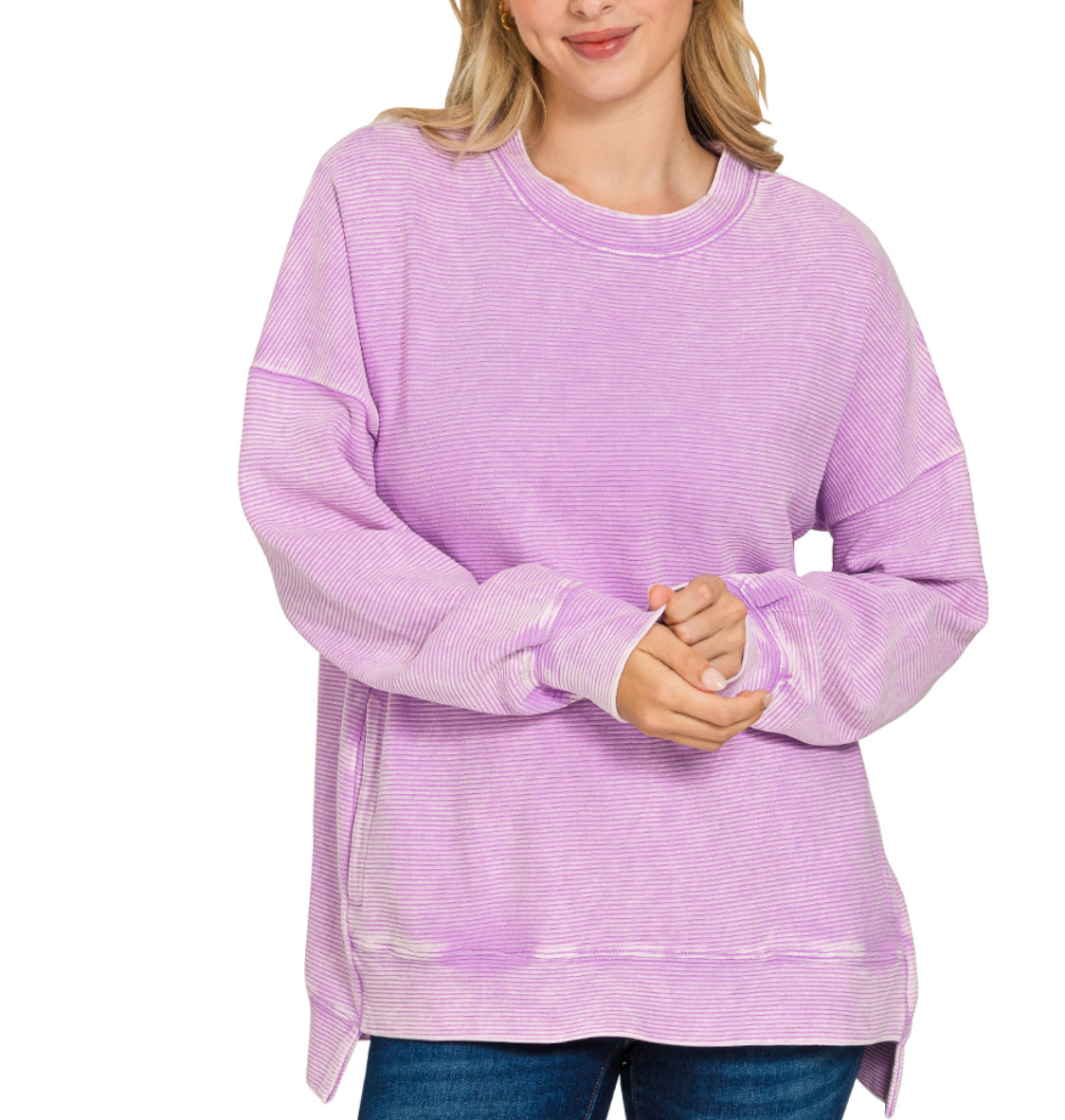 High-Low Acid Wash Pocket Pullover