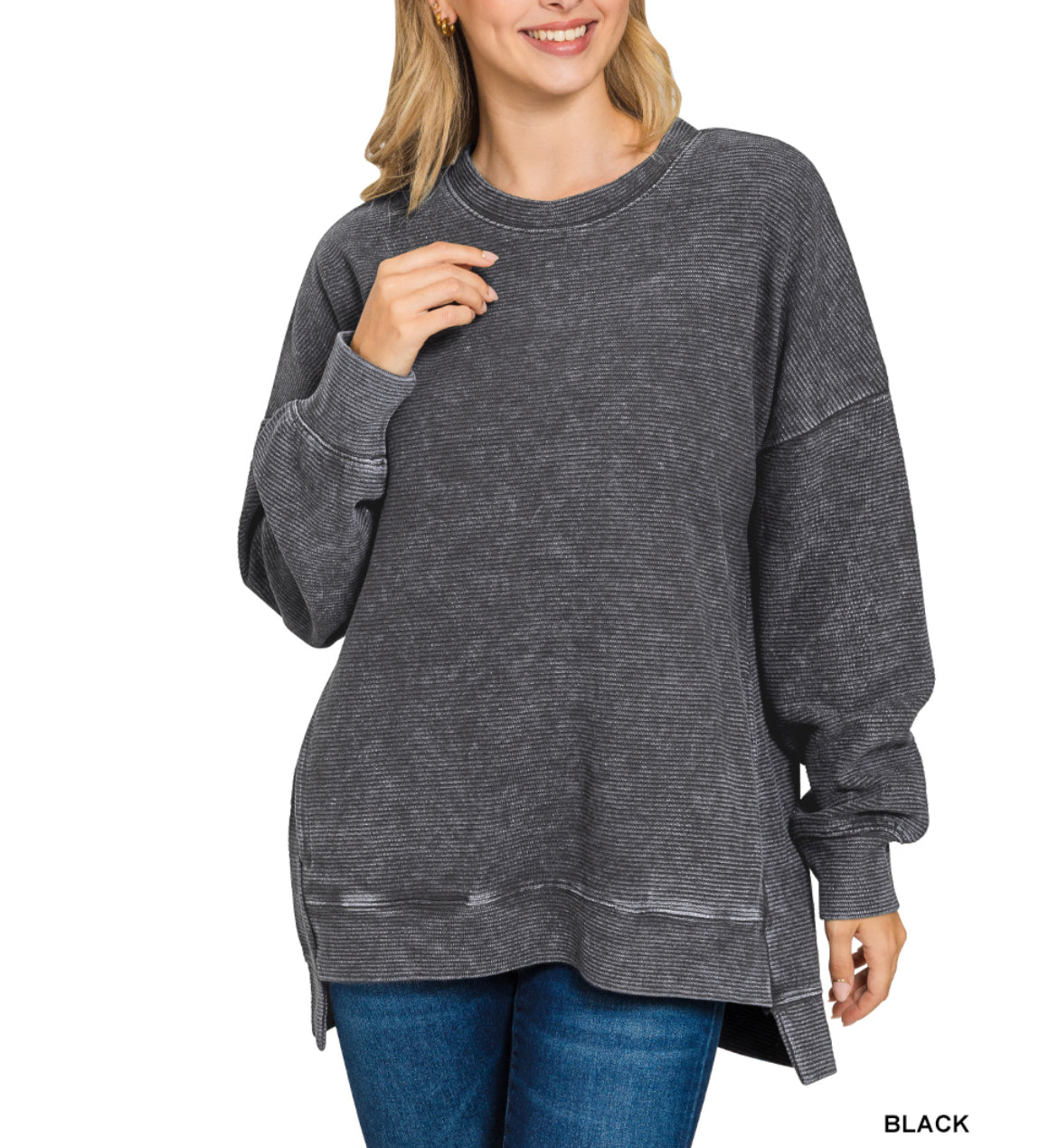 High-Low Acid Wash Pocket Pullover