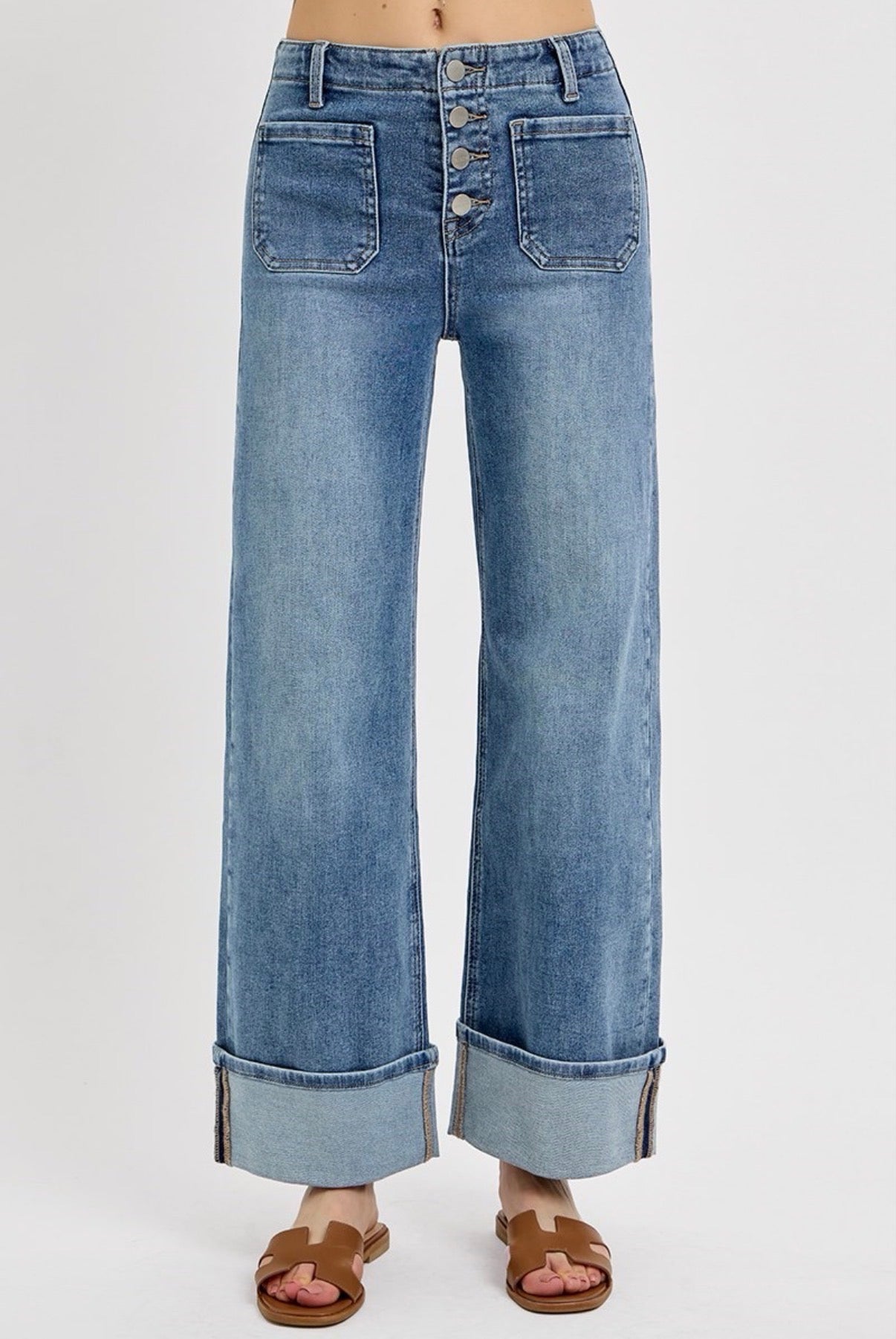 Button Down Front Patch Cuffed Jeans