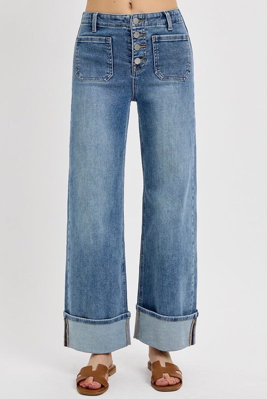 Button Down Front Patch Cuffed Jeans