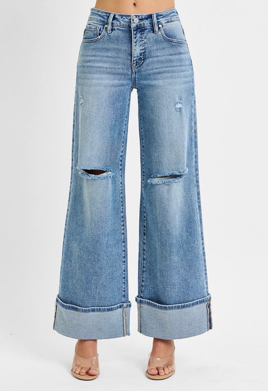 Medium Mid Rise Wide Cuffed Jeans