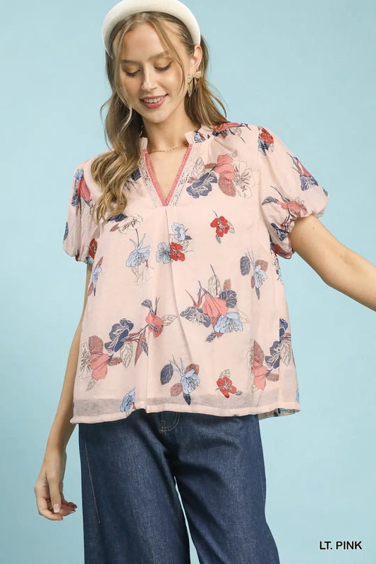 Floral Puff Sleeve Lace Trim Blouse