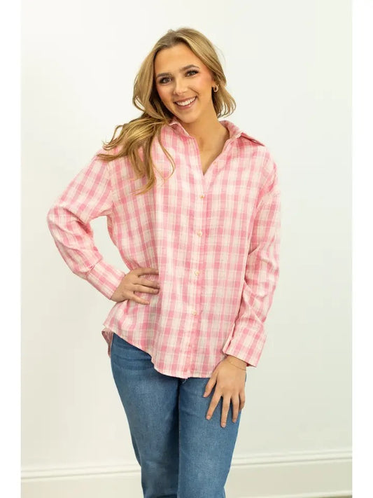 Pink Button Up Plaid Top