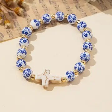 Blue & White Cross Bracelet