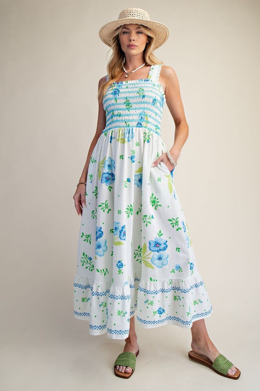 White And Blue Printed Dress