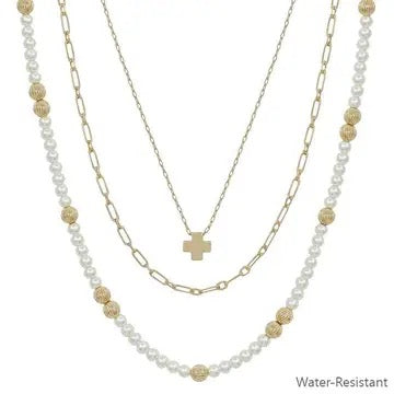 White Tripled Layer Gold Necklace