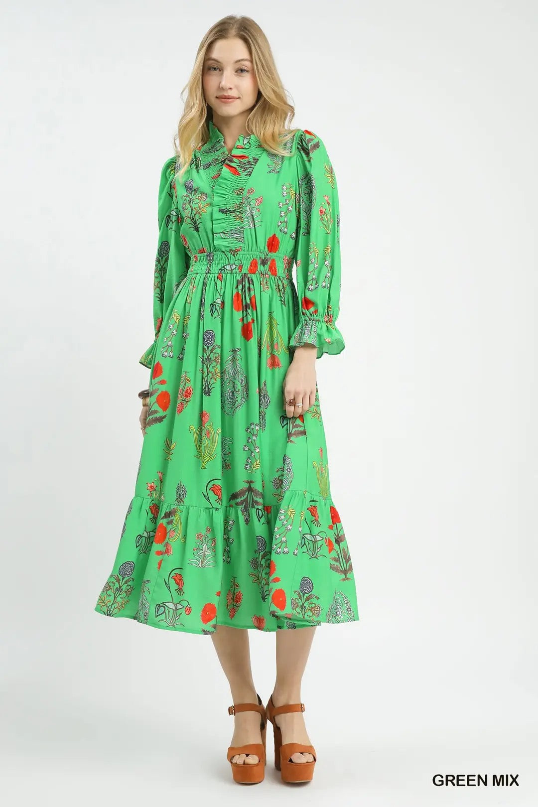 Mix Smocked Waist Floral Midi Dress