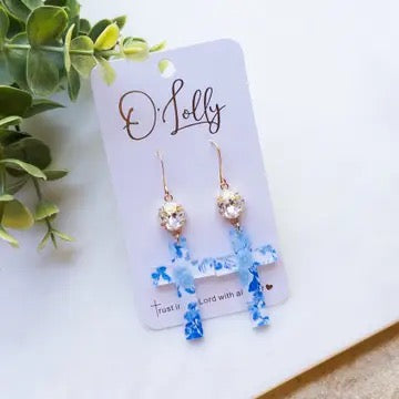 Blue & White Floral Cross Earrings
