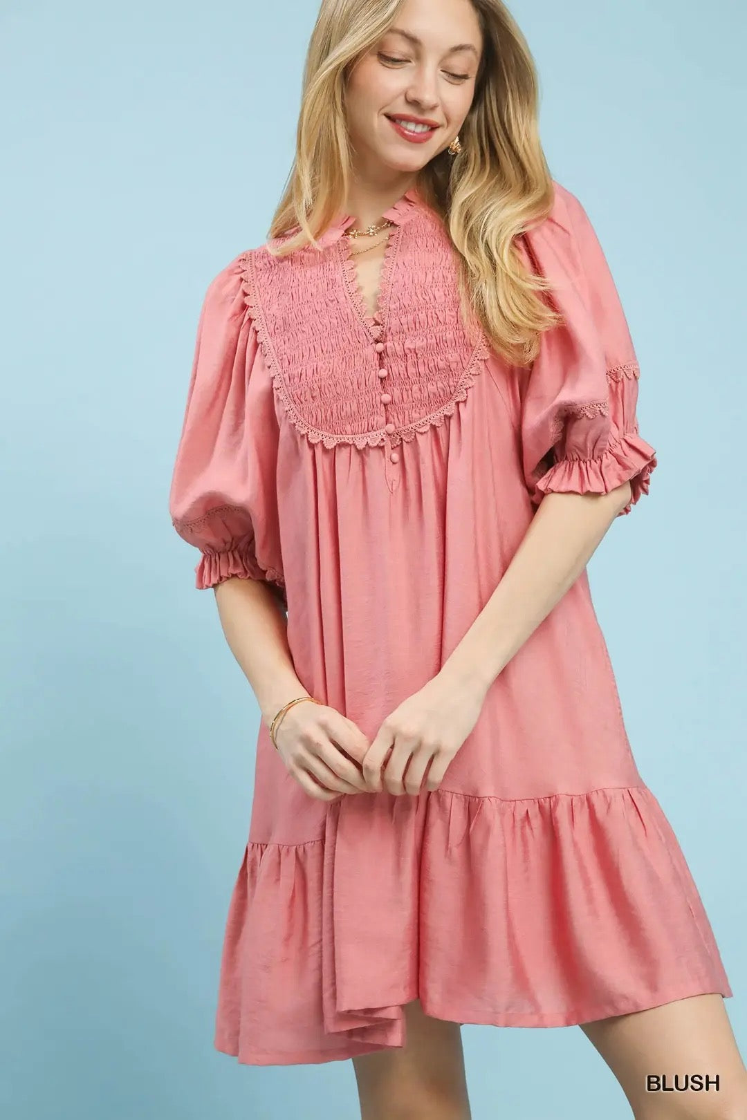 Smocked Bib Ruffle Hem Babydoll Dress