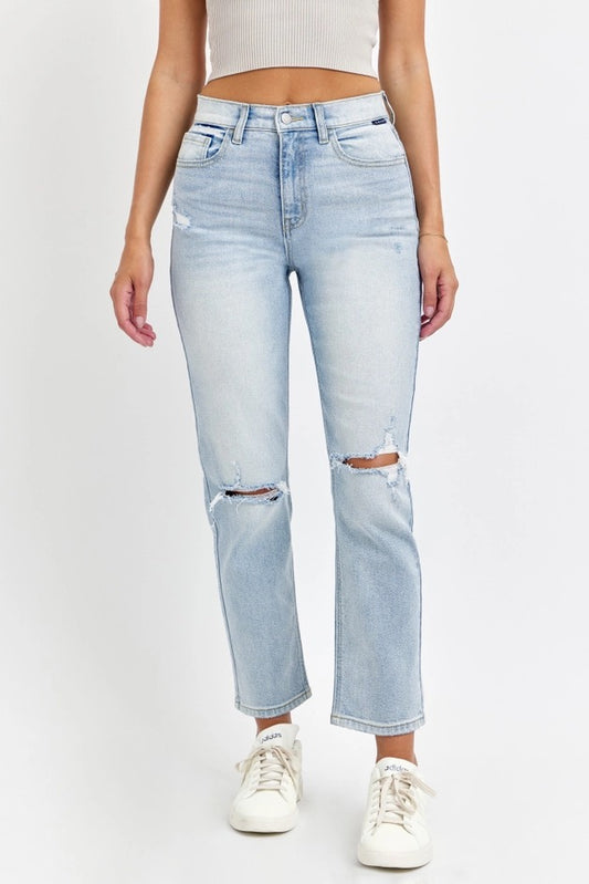 High Rise Distressed Straight Jeans
