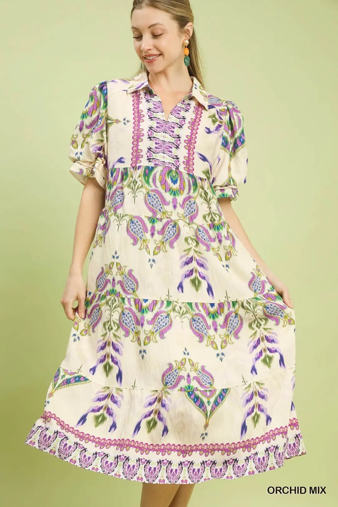Mix Boho Tiered Midi Dress with Puff Sleeves