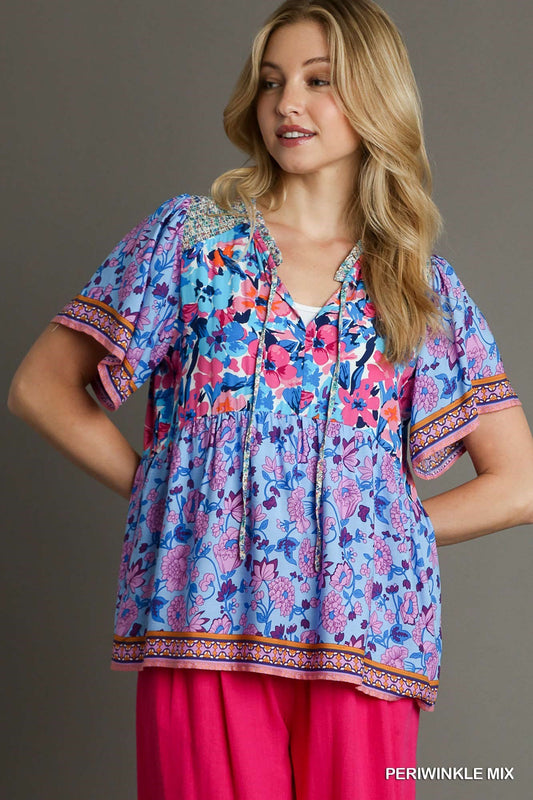 Mixed Print Front Tie Top