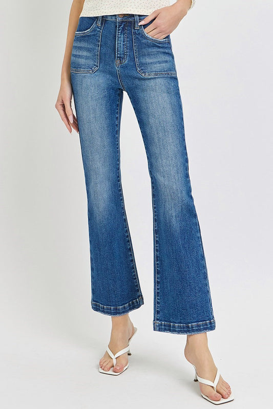 Dark Front Patch Pocket Ankle Flare Jeans