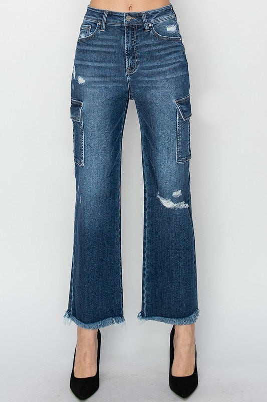 High Rise Cargo Ankle Straight Jeans