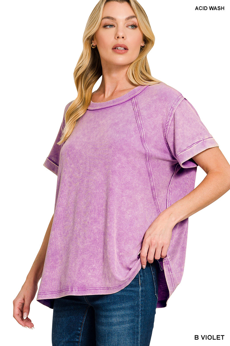 Acid Wash Round Neck Top
