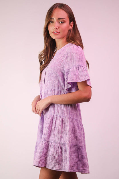 ND31579-Mineral Washed Baby Bell Sleeve Woven Mini Dress