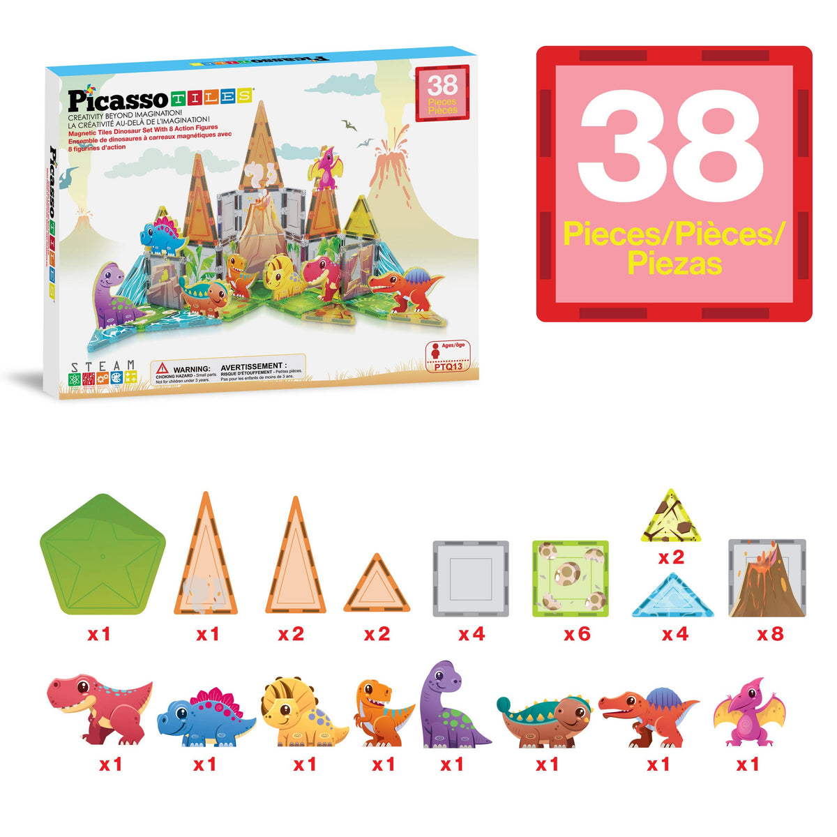 PicassoTiles 38pc Dinosaur Theme Magnetic Tile Building Set