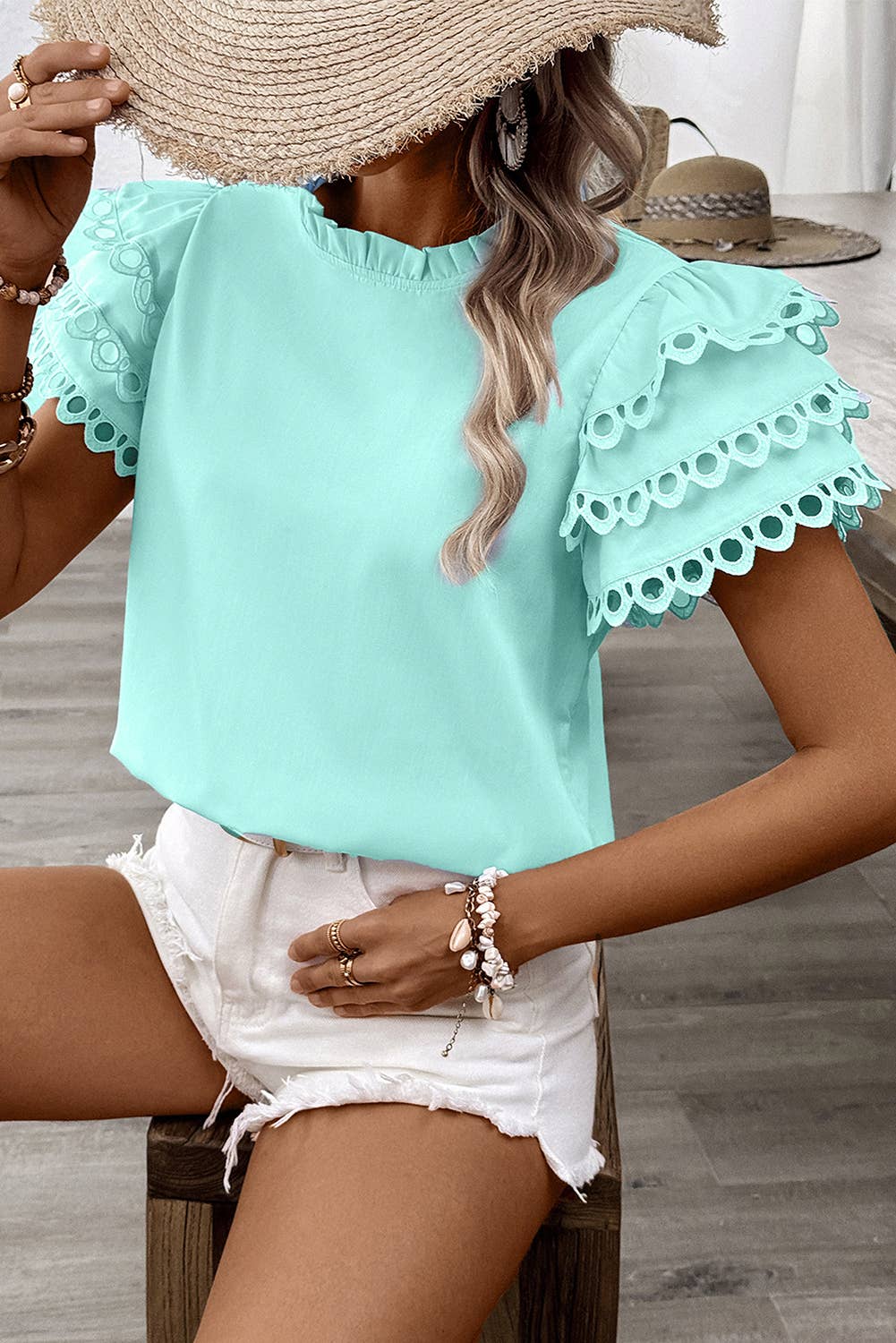 Layered Ric Rac Cap Sleeve Frilled Neck Blouse