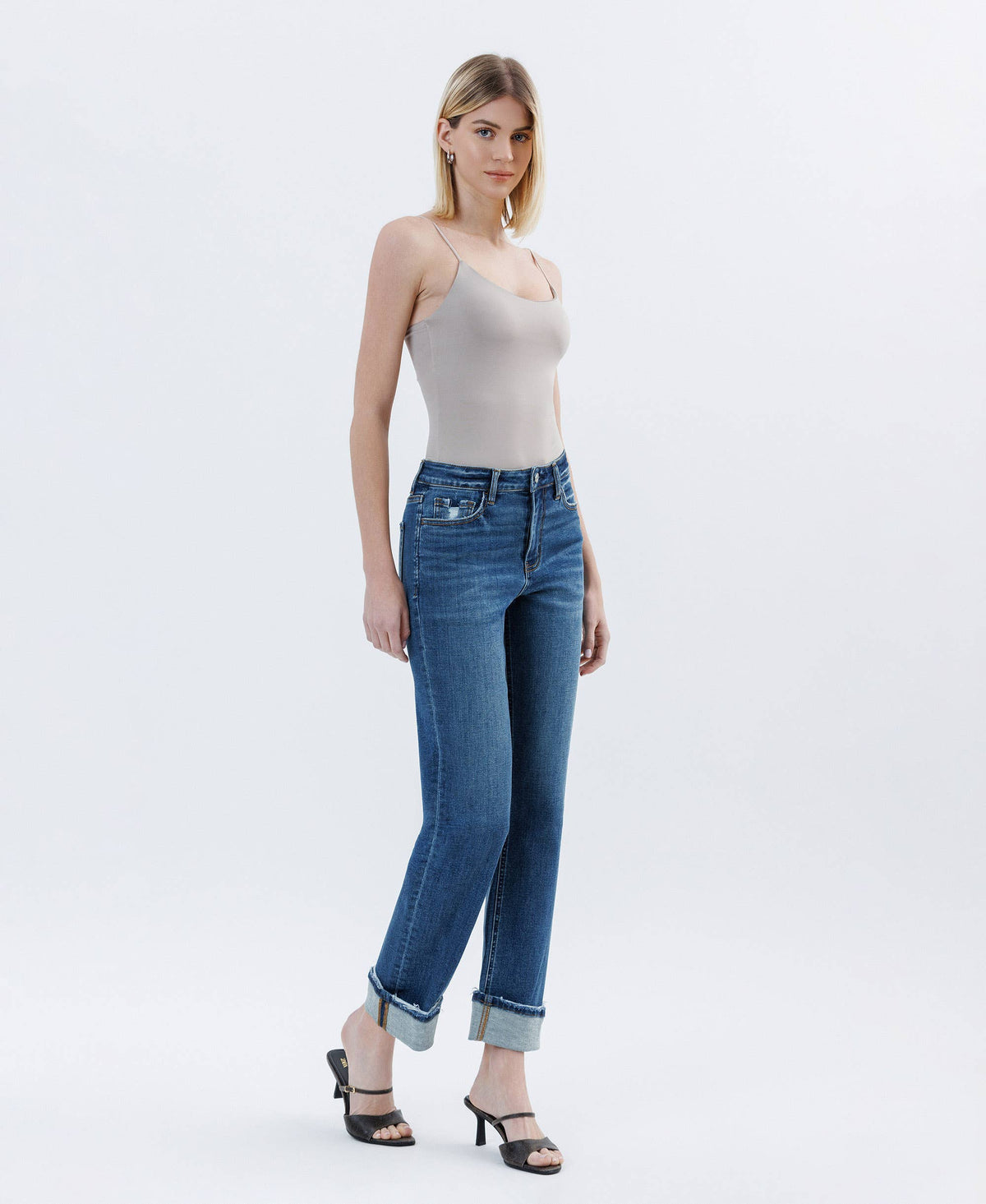 HIGH RISE DARK WASH CUFFED STRAIGHT JEANS